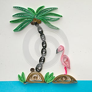 Coconut palm and flamingo quilling