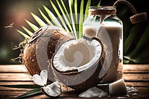 Coconut with palm leaf. Generative Ai