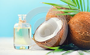 Coconut palm oil in a bottle with coconuts and green palm tree leaf on blue background. Coco nut closeup. Healthy food, skincare photo