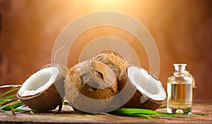 Coconut palm oil in a bottle with coconuts and green palm tree leaf on brown background. Coco nut closeup. Healthy Food, skin care