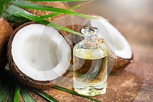 Coconut palm oil in a bottle with coconuts and green palm tree leaf on brown background. Coco nut closeup. Healthy food, skincare