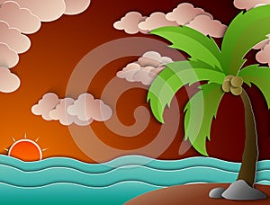 Coconut palm tree and beach sunset