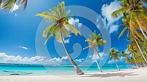 Coconut palm trees against blue sky and beautiful beac. AI Generative photo
