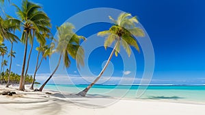 Coconut palm trees against blue sky and beautiful beac. AI Generative