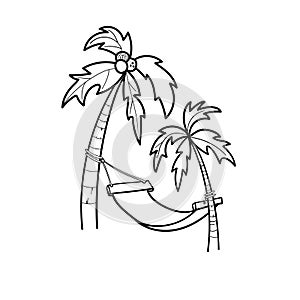 Coconut palm trees, hammock, island doodle icon