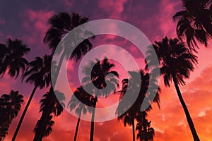Coconut palm trees during pink sky sunset. Tropical sunset with palm tree silhouette. Warm sunset on tropical beach. Generative AI