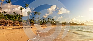 Coconut palm trees on white sandy beach against colorful sunset in Punta Cana, Dominican Republic