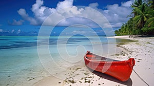 Coconut palms and old red pleasure boat are on white sandy beach. Caribbean Sea