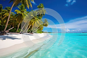 Coconut palms on a sunny tropical sandy beach and turquoise ocean.