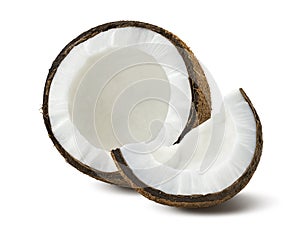 Coconut pieces broken isolated on white background