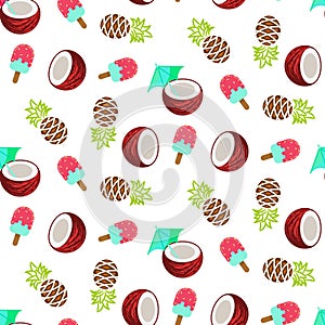 Coconut, pineapple and ice cream seamless vector pattern.
