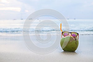 Coconut refreshment exotic juice with straw on the beach