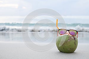 Coconut refreshment exotic juice with straw on the beach