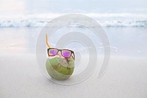 Coconut refreshment exotic juice with straw on the beach