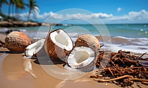 Coconut on sandy tropical beach