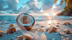 Coconut and seashells on a tropical beach at sunset