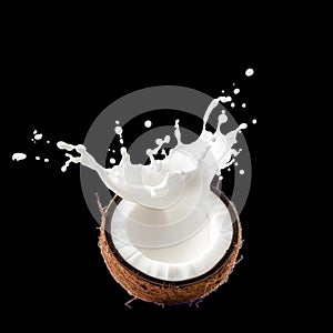 Coconut Shell Filled With Splash of Milk on White Background Creating Dynamic Visual Effect