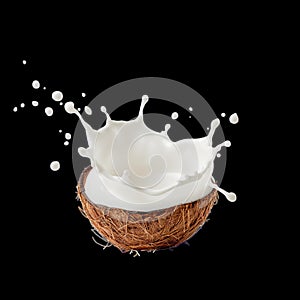 Coconut Shell Filled With Splash of Milk on White Background Creating Dynamic Visual Effect