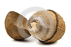 Coconut shell split in half isolated on white background