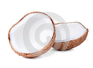 Coconut shell split in half isolated on white background