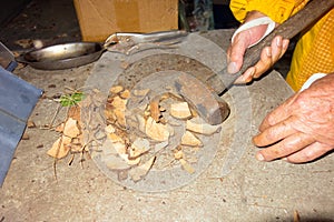 coconut shells being chopped to use in a beekeeping smoker in the Windward islands