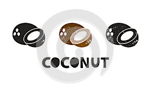 Coconut, silhouette icons set with lettering. Imitation of stamp, print with scuffs. Simple black shape and color vector