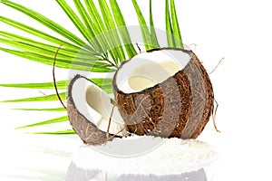 Coconut slice. Coco pieces isolated on white. Coconut with leaves.