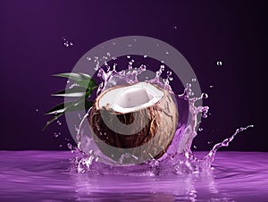 Coconut with splashes of water on a purple background. Made with Generative AI