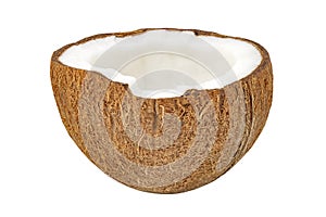 Coconut split, one half, isolated on white background with clipping path