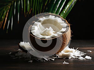 A coconut is split open, showing the contents of the fruit