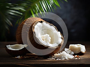 A coconut is split open, showing the contents of the fruit