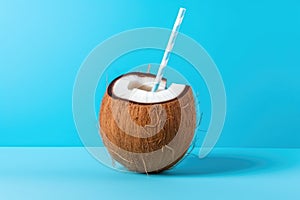 Coconut with a straw as a drink. Summer refreshment. Generative AI