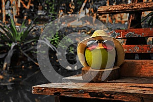 Coconut with straw hat and bright sunglasses stand on the bench in dark tone