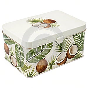 Coconut-themed box with white lid isolated on white background