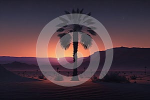 a coconut tree glowing in the desert at dusk,