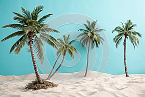 Coconut trees on a beach with sand and blue background