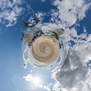 coconut trees in jungle in Indian tropic village on sea shore on little planet in blue sky, transformation of spherical 360