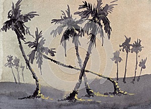Coconut trees watercolor painting sepia tone deco art