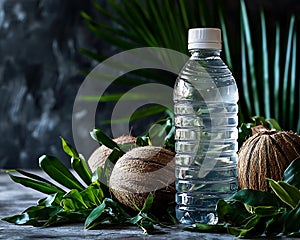 Coconut water bottle beside fresh coconuts and greenery