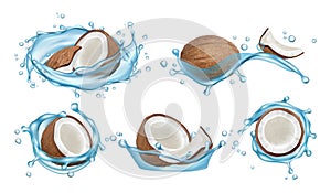 Coconut water set. Vector realistic coconuts and water splashes isolated on white background