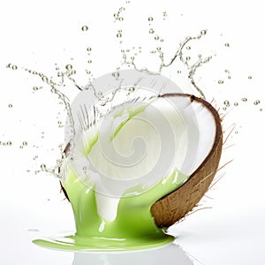 Coconut Water Splash On White Background - Dark Emerald And Light Beige Style