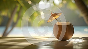 Coconut water with straw and umbrella on a table, palm leaves shadows, summer concept, AI generated photo