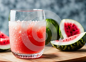 Coconut watermelon slush in a glass with a background of fresh watermelon cubes and coconut shavings. AI generated.