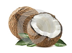 Coconut whole cut half leaves composition isolated white background