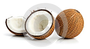 Coconuts with Brown Outer Shell and White Flesh on White Background