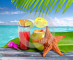 Coconuts cocktails straw tropical beach starfish