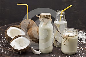 Coconuts and coconut flakes, coconut beverage. Nutritious vegetable food and drink