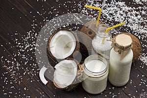 Coconuts and coconut flakes, coconut beverage. Nutritious vegetable food and drink