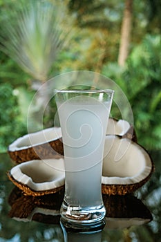 Coconuts and coconut water on the black glass table isolated over blurred palm trees background