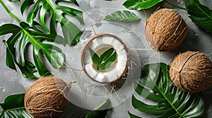 Coconuts and Leaves on a Gray Surface